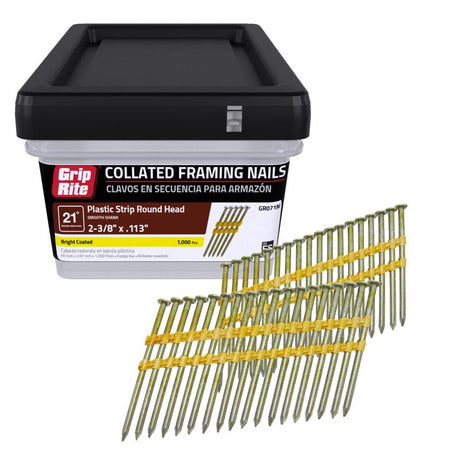 Grip-Rite 2-3/8 in. L X 12 Ga. Plastic Strip Brite Framing Nails 21 deg 1000 pk