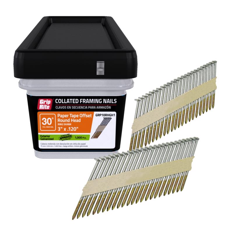Grip-Rite 3 in. L X 11 Ga. Angled Strip Hot-Dip Galvanized Framing Nails 30 deg 1000 pk