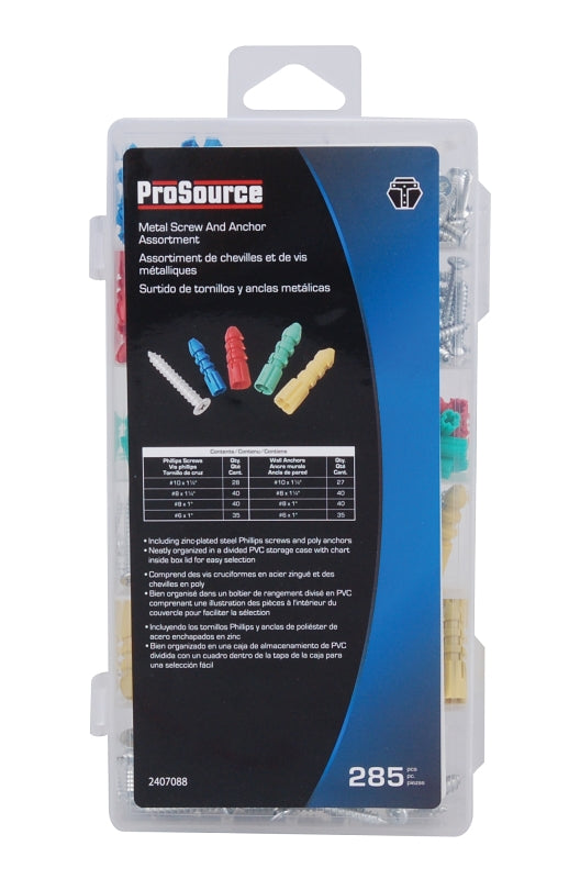 ProSource 61475 Anchor and Screw Assortment, Plastic & Sheet Metal, Zinc, 285-Piece
