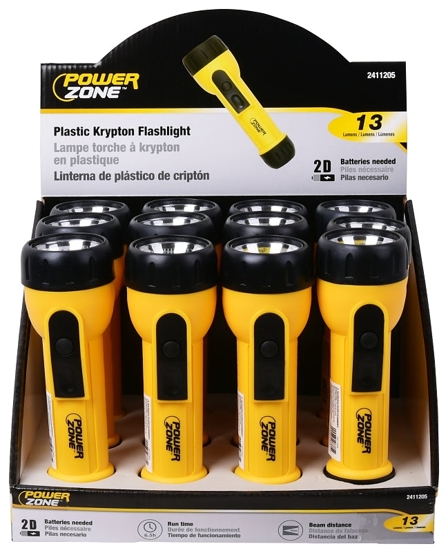 PowerZone JL-L0013L High-Impact Flashlight, D Battery, D Battery, Krypton Lamp, 13 Lumens, 50 m Beam Distance, Yellow, Pack of 12