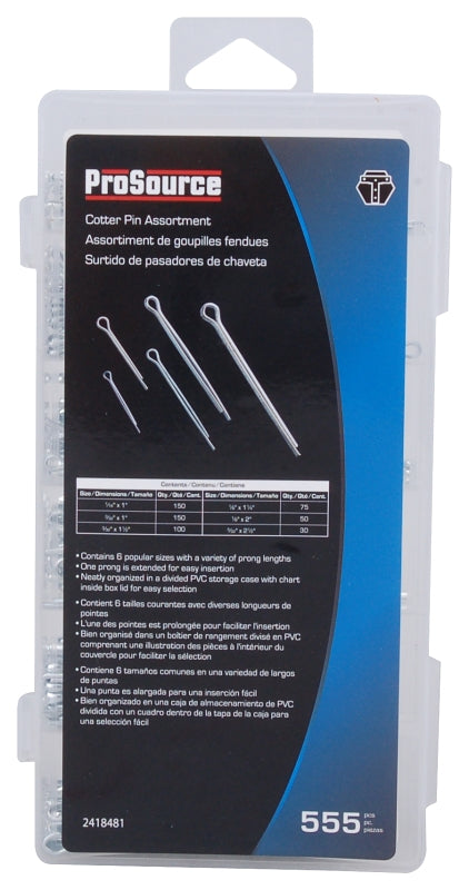 ProSource 61203 Cotter Pin Assortment, Carbon Steel, Zinc, 555-Piece