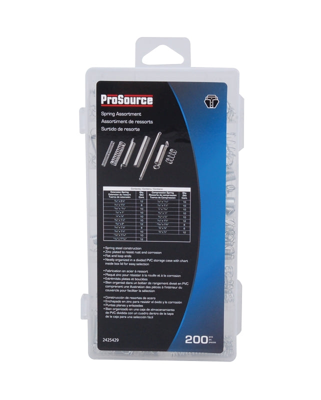ProSource 61250 Spring Assortment, Spring Steel, Zinc, 200-Piece
