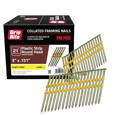 Grip-Rite 2-3/8 in. L X 12 Ga. Plastic Strip Bright Framing Nails 21 deg 1000 pk