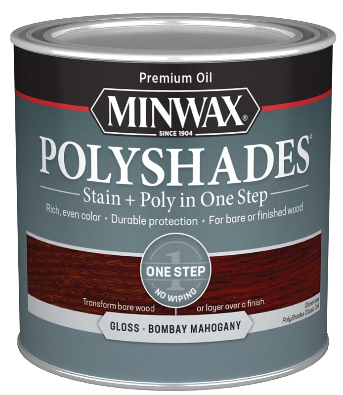Minwax PolyShades 214804444 Water-Based Polyurethane Stain, Gloss, Liquid, Bombay Mahogany, 0.5 pt Can