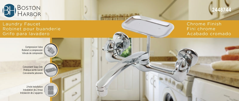 Boston Harbor PF6363204 Laundry Faucet, 1.8 gpm, 2-Handle, 2-Faucet Hole, Brass, Wall Mounting, Swing Spout