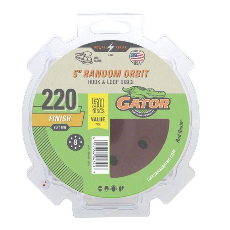 Gator 4340 Sanding Disc, 5 in Dia, 220 Grit, Extra Fine, Aluminum Oxide Abrasive, Vented