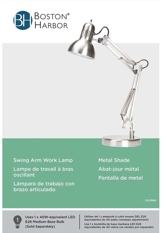 Boston Harbor WK-618E-3L Swing Arm Work Lamp, 120 V, 60 W, 1-Lamp, A19 or CFL Lamp, Brushed Nickel Finish