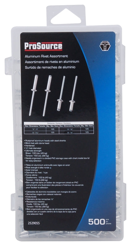 ProSource 61400 Rivet Assortment, Aluminum/Steel, Zinc, 500-Piece