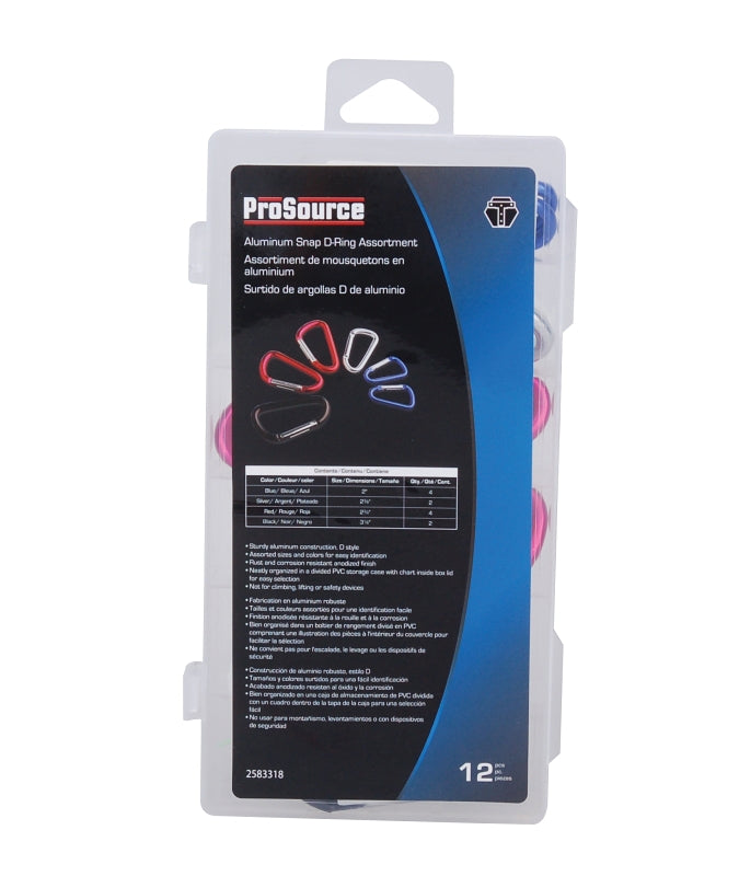 ProSource 61582 D-Ring Snap Carabiner Assortment, Aluminum, Anodized, 12-Piece