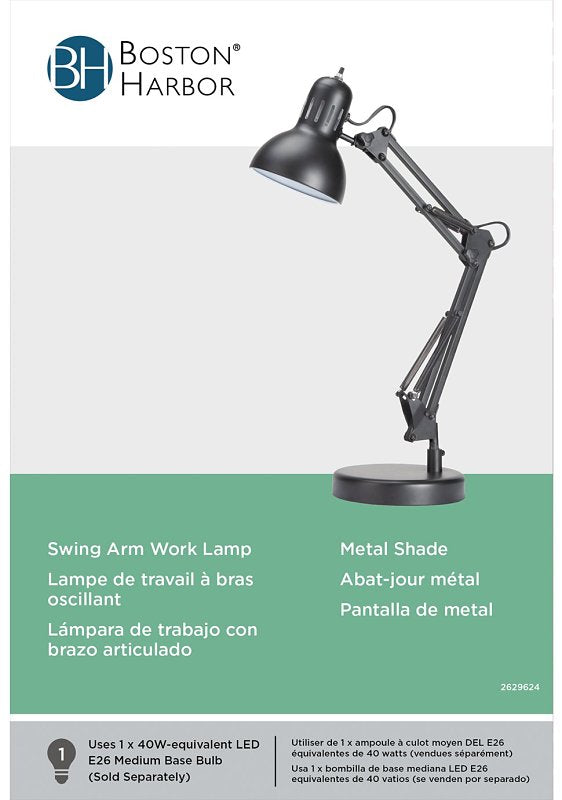 Boston Harbor TL-WK-134E-BK-3L Swing Arm Work Lamp, 120 V, 60 W, 1-Lamp, A19 or CFL Lamp, Black