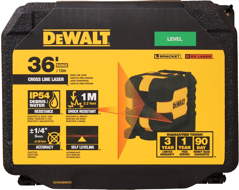 DEWALT DW08802-QU Cross Line Laser Level, 40 ft, 1/4 in Accuracy, 2-Beam, Red Laser