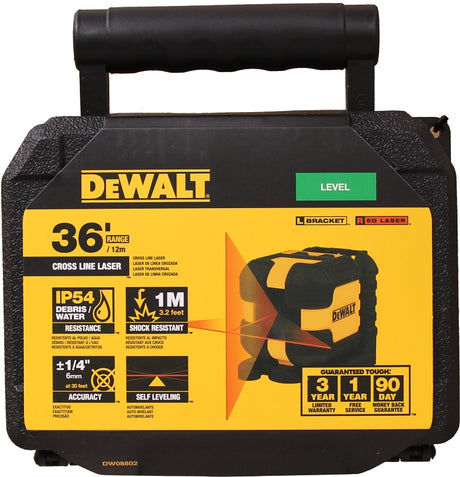 DEWALT DW08802-QU Cross Line Laser Level, 40 ft, 1/4 in Accuracy, 2-Beam, Red Laser