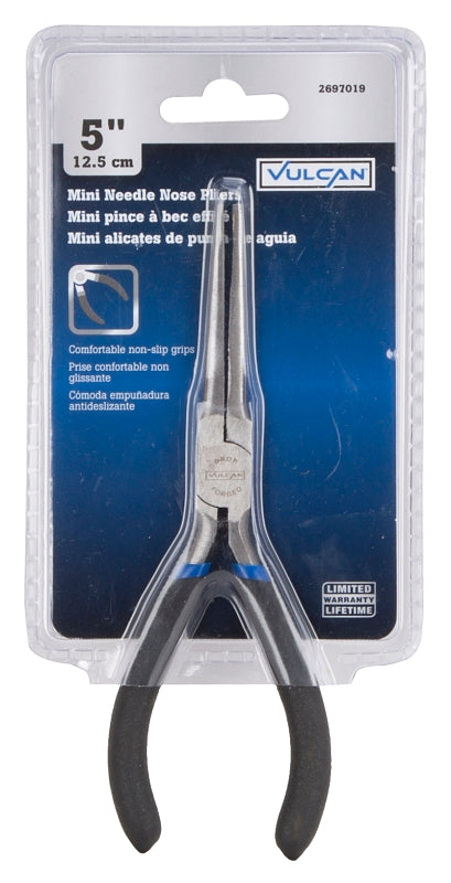 Vulcan JL-NP016 Needle Nose Plier, 5 in OAL, 0.5 mm Cutting Capacity, 4.2 cm Jaw Opening, Black Handle, 1/2 in W Jaw