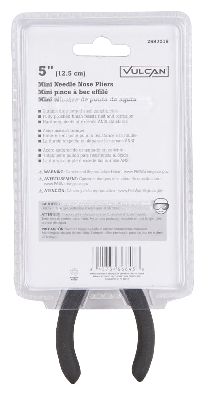 Vulcan JL-NP016 Needle Nose Plier, 5 in OAL, 0.5 mm Cutting Capacity, 4.2 cm Jaw Opening, Black Handle, 1/2 in W Jaw