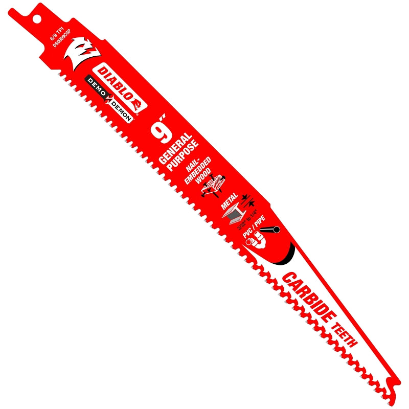 Diablo DS0909CGP Series Reciprocating Saw Blade, Applicable Materials: Metal, Wood, 9 in L, 6/9 TPI