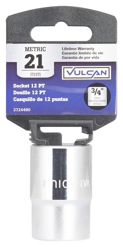 Vulcan MT-SM6021 Drive Socket, 21 mm Socket, 3/4 in Drive, 12-Point, Chrome Vanadium Steel, Chrome
