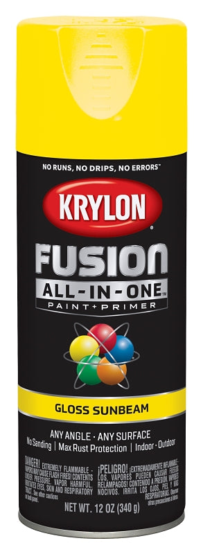 Krylon All-In-One K02725007 Spray Paint, Gloss, Sunbeam, 12 oz Can