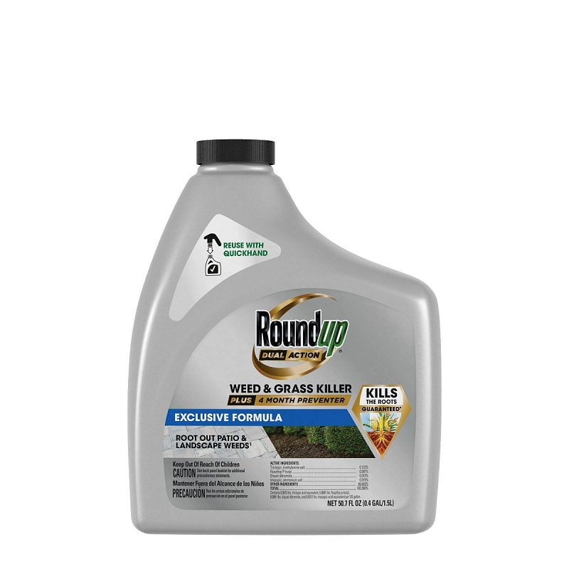 Roundup Dual Action 5324801 Grass and Weed Killer Plus 4 Month Preventer Refill System, Liquid, Yellow, 1.5 L Can