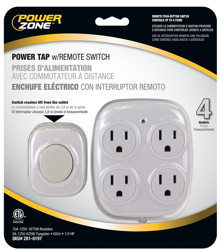 PowerZone ORFSTAP Power Tap with Remote Switch, 15 A, 4-Outlet, White