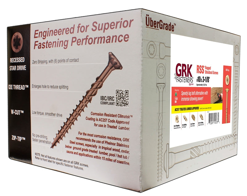 GRK Fasteners RSS 10137 Structural Screw, #10 Thread, 3-1/8 in L, Washer Head, Star Drive, Steel, 800 BX