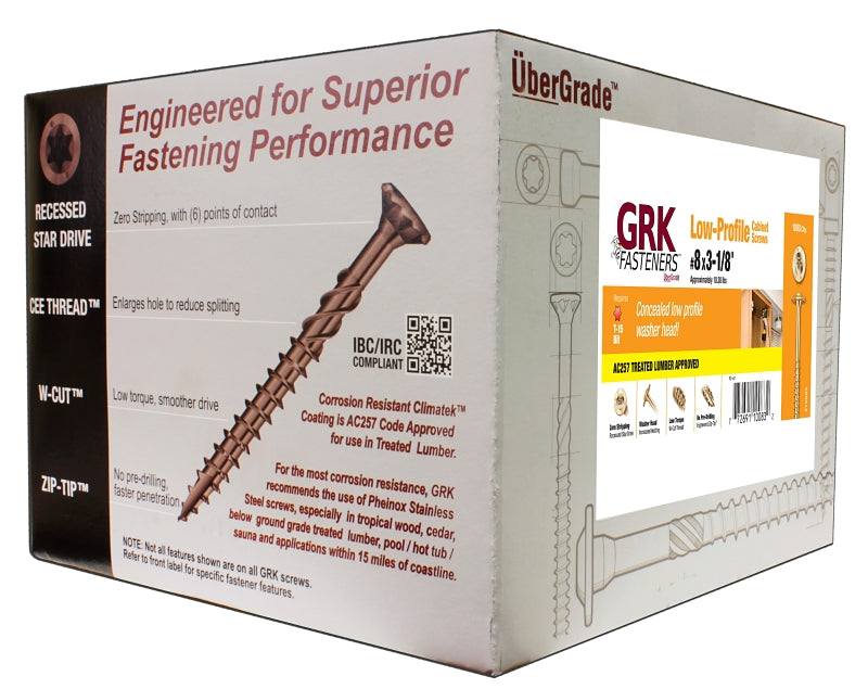 GRK Fasteners 10083 Cabinet Screw, #8 Thread, 3-1/8 in L, Washer Head, Star Drive, Steel, 1000 BX