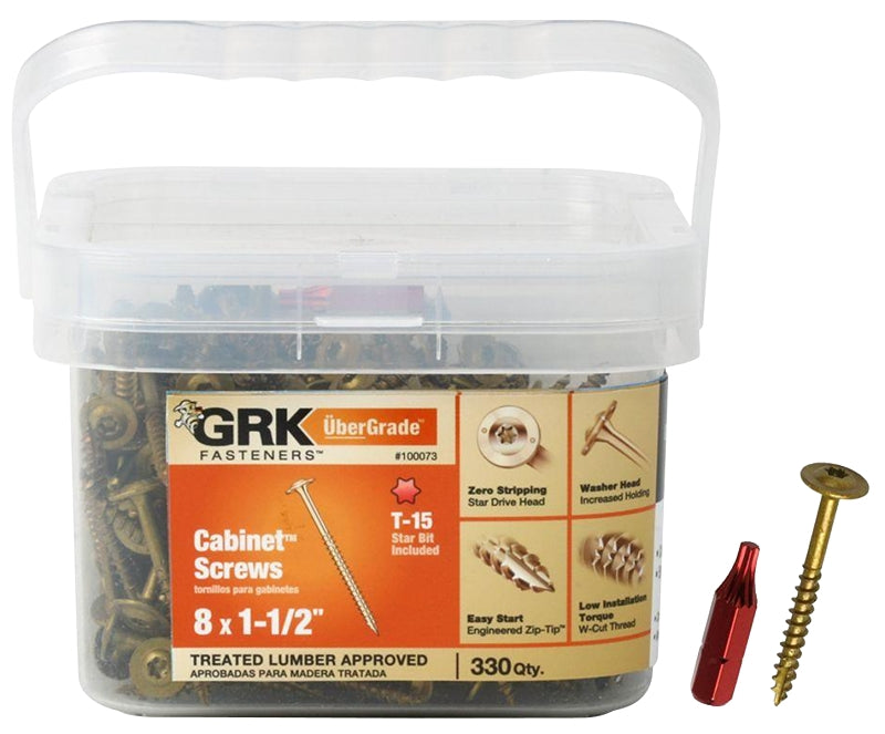 GRK Fasteners 100073 Cabinet Screw, #8 Thread, 1-1/2 in L, Washer Head, Star Drive, Steel, 330 PK