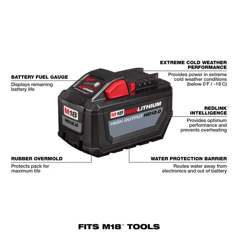Milwaukee M18 REDLITHIUM 48-11-1812 Rechargeable Battery Pack, 18 V Battery, 12 Ah, 1-1/2 hr Charging