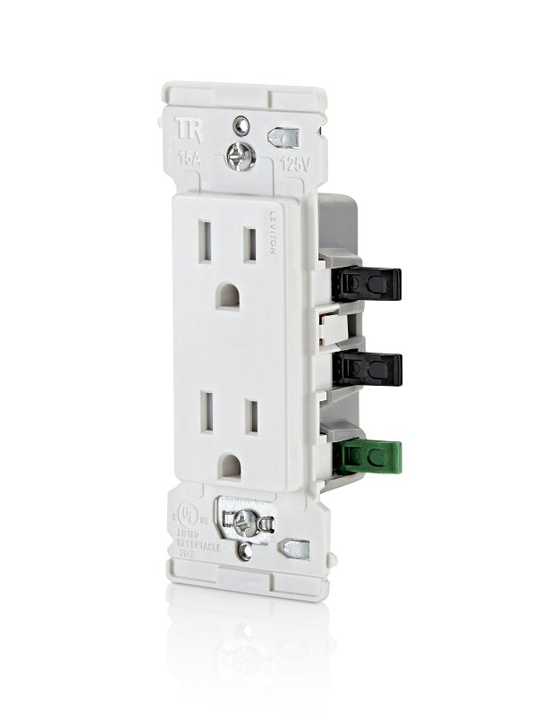 Decora M02-E5325-0MW Grounding Duplex Outlet, 2-Pole, 15 A, 125 VAC, Color-Coded Wiring, NEMA: NEMA 5-15R, White