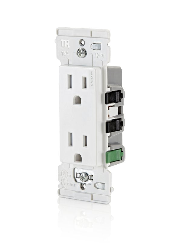 Decora M02-E5325-0MW Grounding Duplex Outlet, 2-Pole, 15 A, 125 VAC, Color-Coded Wiring, NEMA: NEMA 5-15R, White