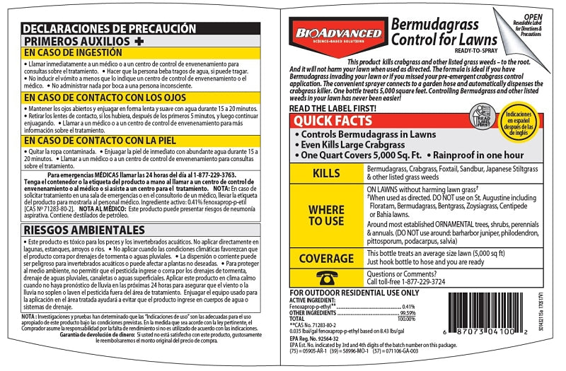 BioAdvanced 704100B Bermuda Grass Control, Liquid, Off-White, 32 oz Bottle