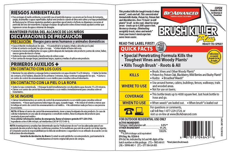BioAdvanced 704645A Series Brush Killer, Compositions: Triclopyr, Triethylamine Salt, 32 oz Bottle, Liquid, Clear