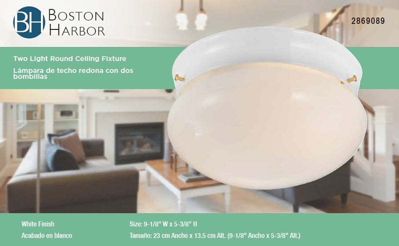 Boston Harbor F14BB02-8005-WH Two Light Round Ceiling Fixture, 120 V, 60 W, 2-Lamp, A19 or CFL Lamp, White Fixture