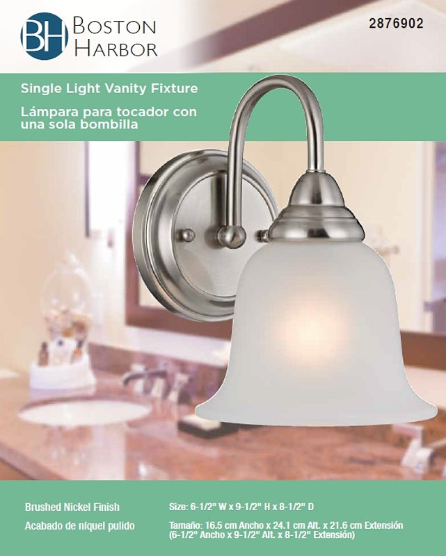 Boston Harbor LYB130928-1VL-BN Wall Sconce, 60 W, 1-Lamp, A19 or CFL Lamp, Steel Fixture, Brushed Nickel Fixture