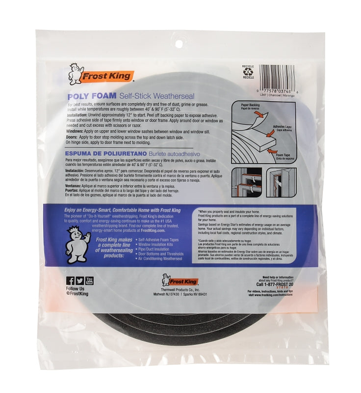 Frost King L347 Foam Tape, 1/2 in W, 17 ft L, 3/8 in Thick, Polyfoam, Charcoal