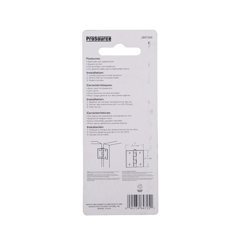 ProSource LR-038-PS Utility Hinge, Steel, Zinc, Removable Pin, 180 deg Range of Motion, Full Mortise Mounting