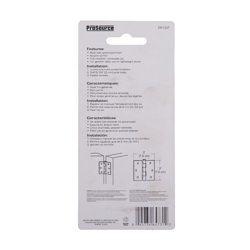 ProSource LR-044-PS Utility Hinge, Steel, Galvanized, Removable Pin, 180 deg Range of Motion, Full Mortise Mounting