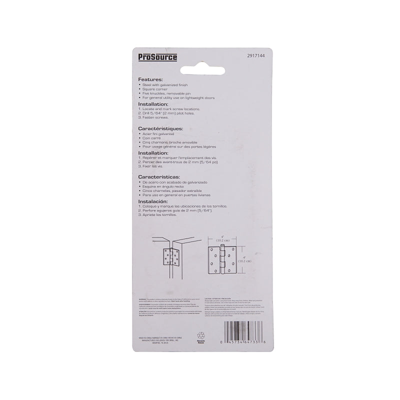 ProSource LR-046-PS Utility Hinge, Steel, Galvanized, Removable Pin, Full Mortise Mounting, 70 (Pair) lb