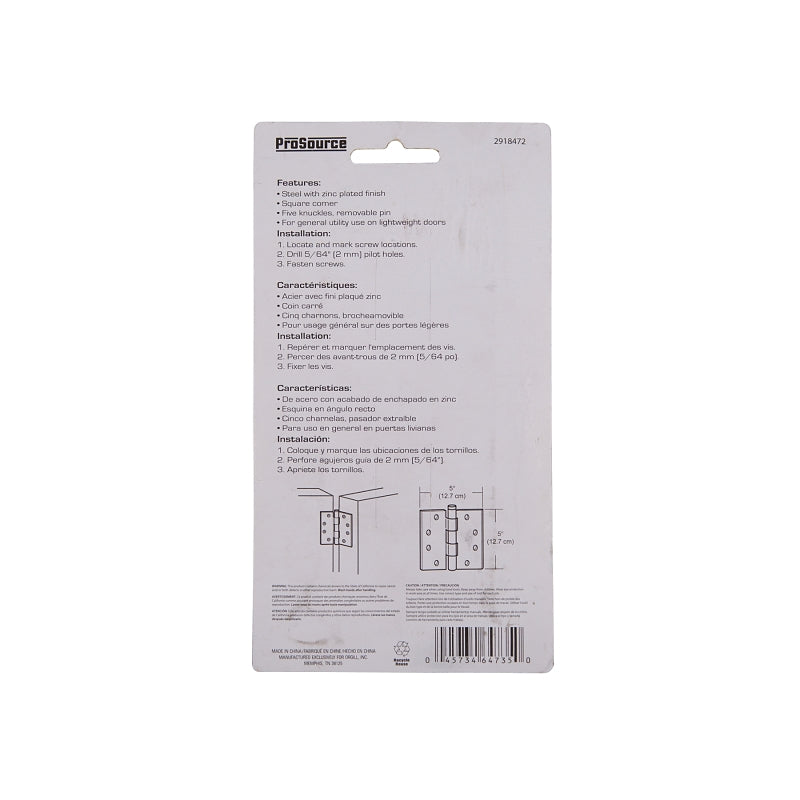 ProSource LR-065-PS Utility Hinge, Steel, Zinc, Removable Pin, 180 deg Range of Motion, Full Mortise Mounting