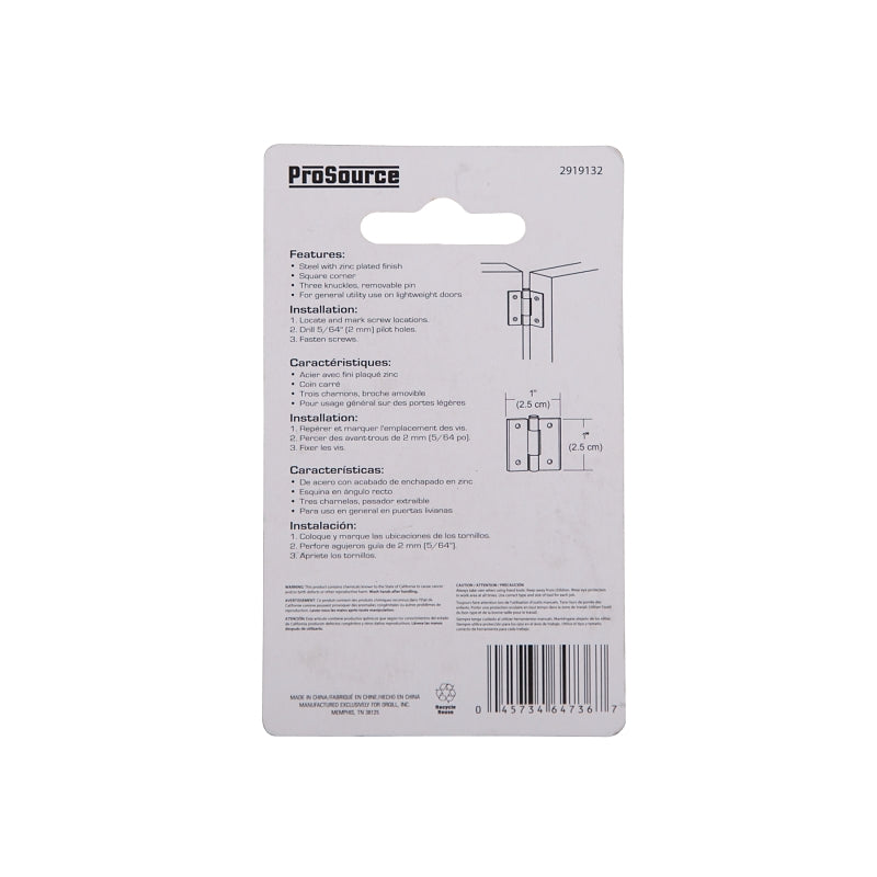 ProSource LR-052-PS Utility Hinge, Steel, Zinc, Removable Pin, 180 deg Range of Motion, Full Mortise Mounting