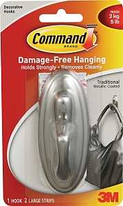 Command 17053BN Decorative Hook, 5 lb, 1-Hook, Plastic, Silver, Brushed Nickel
