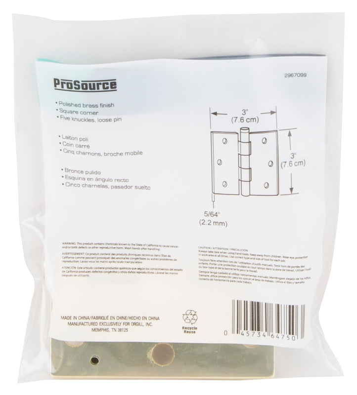 ProSource LR-705-PS Square Corner Door Hinge, Steel, Polished Brass, Loose Pin, 180 deg Range of Motion