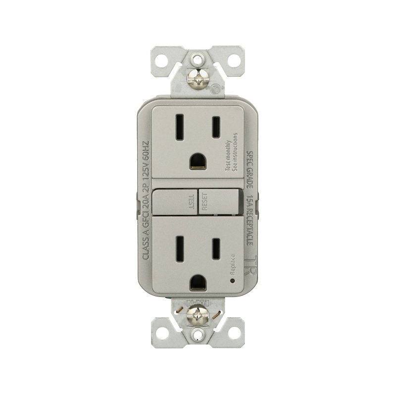 Eaton TRGF15SG-BX-L Self-Test GFCI Receptacle, 125 V, 15 A, NEMA: NEMA 5-15R, Back, Side Wiring, Silver Granite