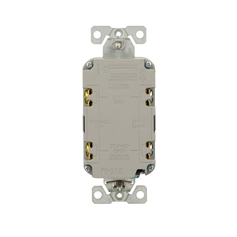 Eaton TRGF15SG-BX-L Self-Test GFCI Receptacle, 125 V, 15 A, NEMA: NEMA 5-15R, Back, Side Wiring, Silver Granite