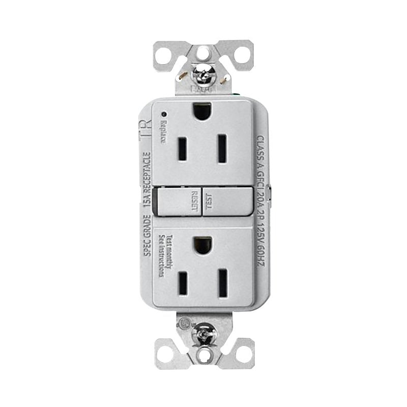 Eaton TRGF15SG-BX-L Self-Test GFCI Receptacle, 125 V, 15 A, NEMA: NEMA 5-15R, Back, Side Wiring, Silver Granite