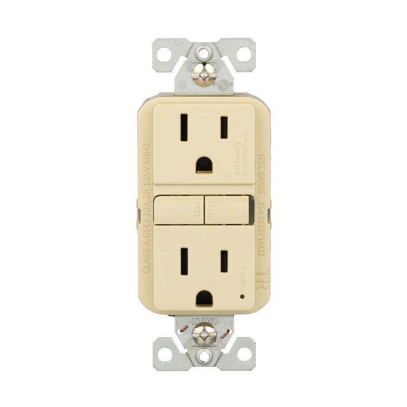 Eaton TRGF15V Self-Test GFCI Receptacle, 125 V, 15 A, NEMA: NEMA 5-15R, Back, Side Wiring, Ivory