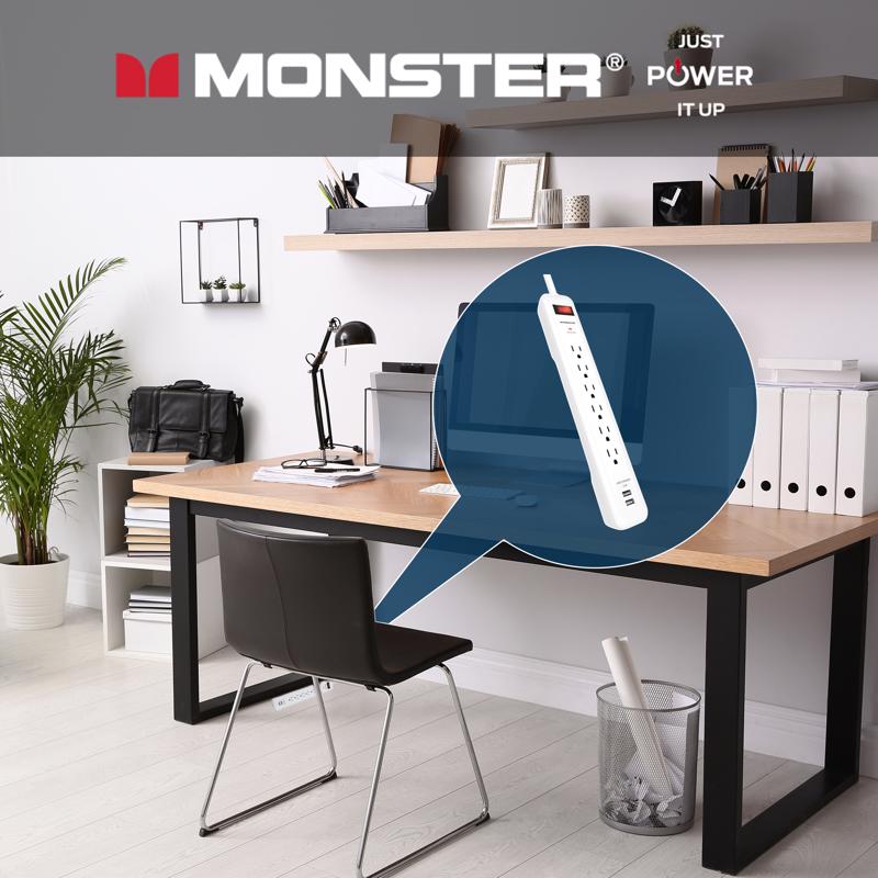 Monster Just Power It Up 3 ft. L 6 outlets Surge Protector w/USB White 1080 J