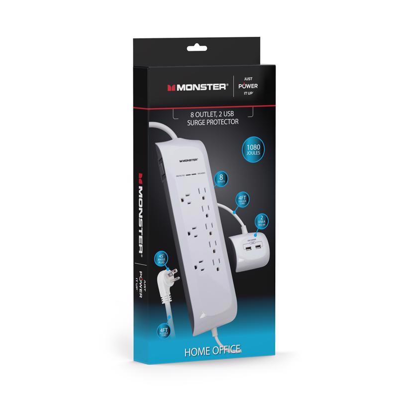 Monster Just Power It Up 4 ft. L 8 outlets Surge Protector w/USB White 1080 J