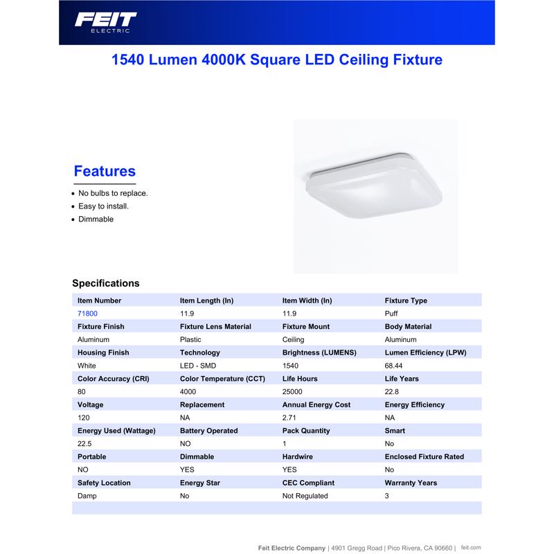 Feit LED 2.5 in. H X 12 in. W X 12 in. L Aluminum White LED Ceiling Light Fixture