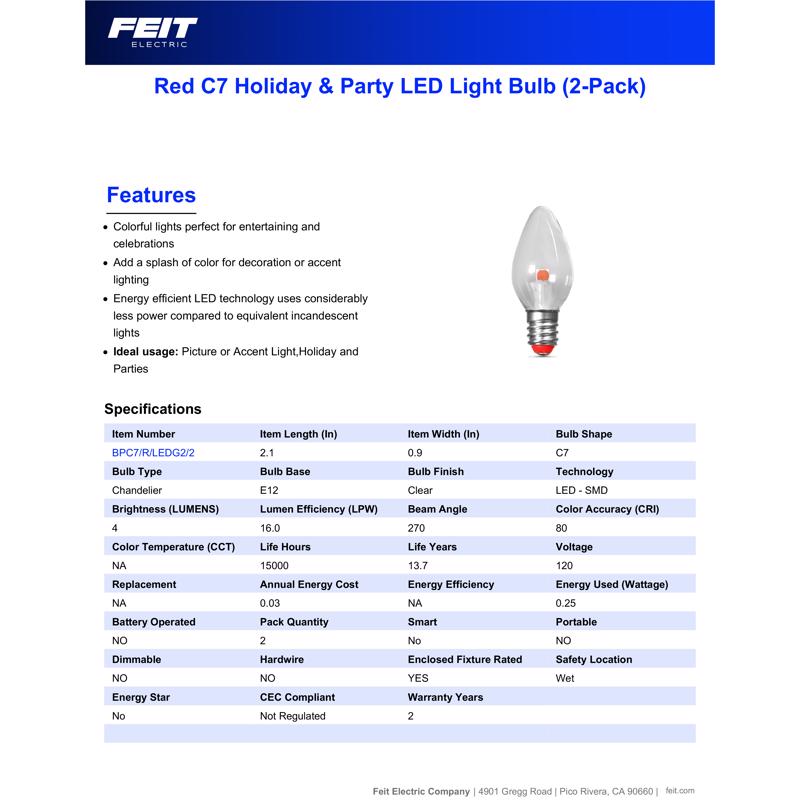 Feit C7 E12 (Candelabra) LED Bulb Red 0.5 Watt Equivalence 2 pk