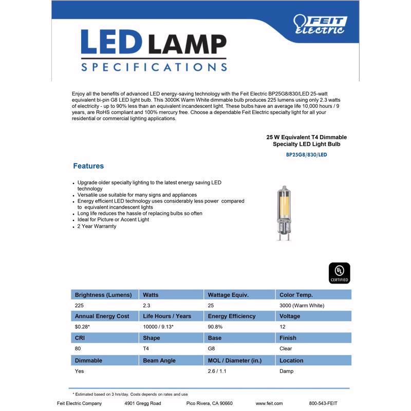Feit T4 G8 LED Bulb Warm White 25 Watt Equivalence 1 pk